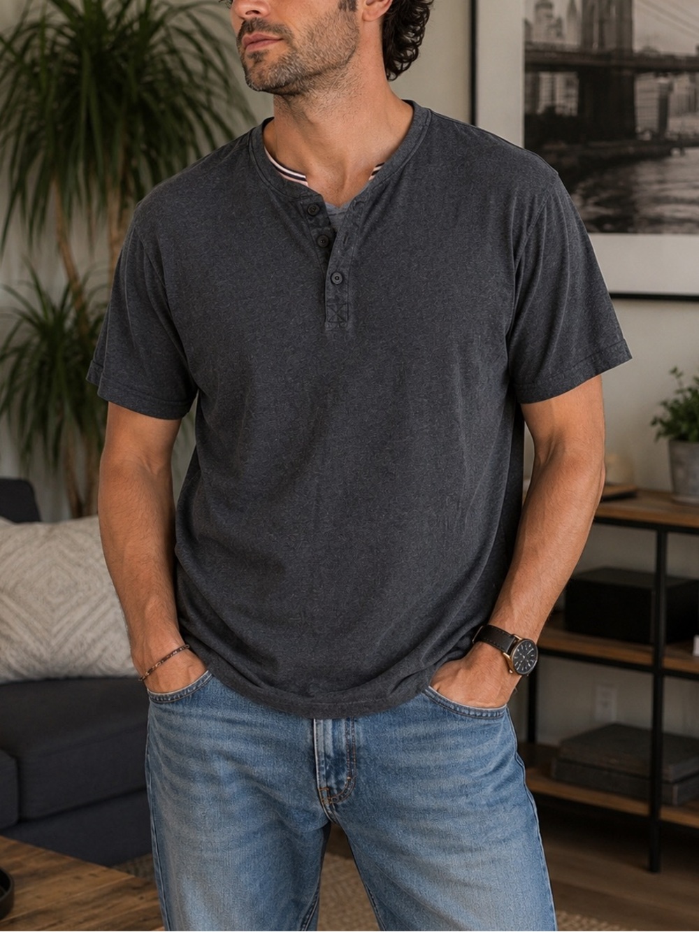 David Peyser Men’s Charcoal Henley Shirt XL Casual Short Sleeve Top